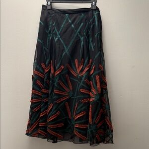 Eva Franco Black Mesh Embroidered Midi Skirt Size 8